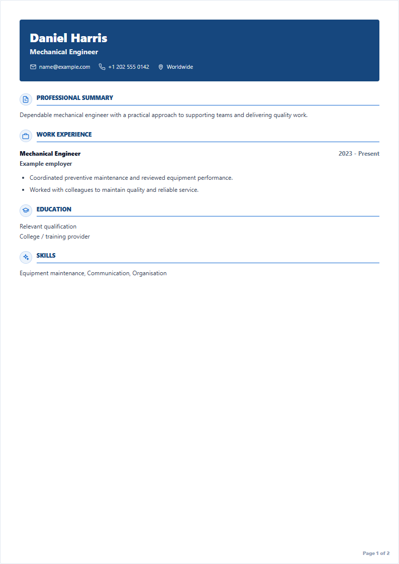 Mechanical Engineer sample CV using Header-focused layout