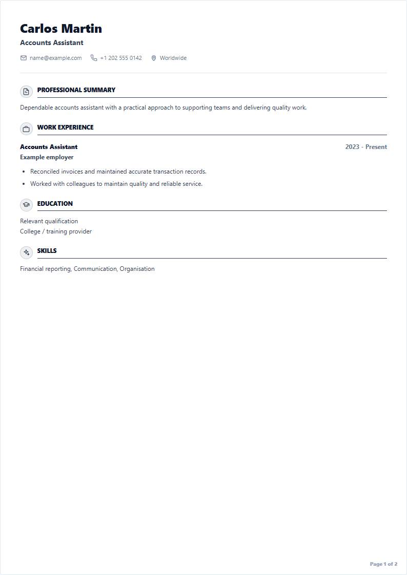 Accounts Assistant sample CV using Classic single-column