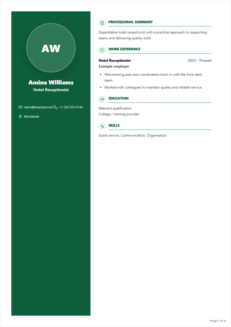 Hotel Receptionist sample CV