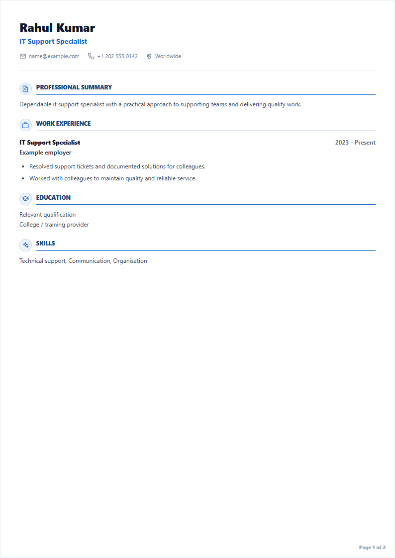 IT Support Specialist sample CV using Classic single-column
