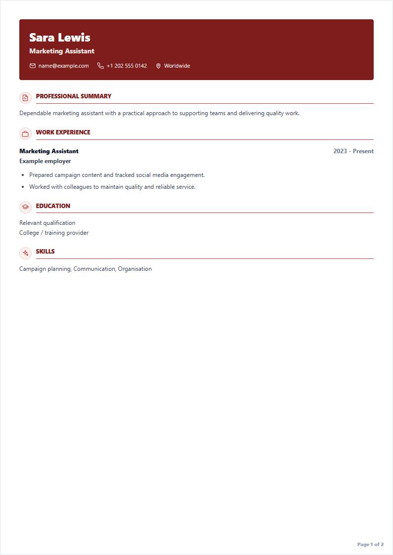 Marketing Assistant sample CV using Header-focused layout
