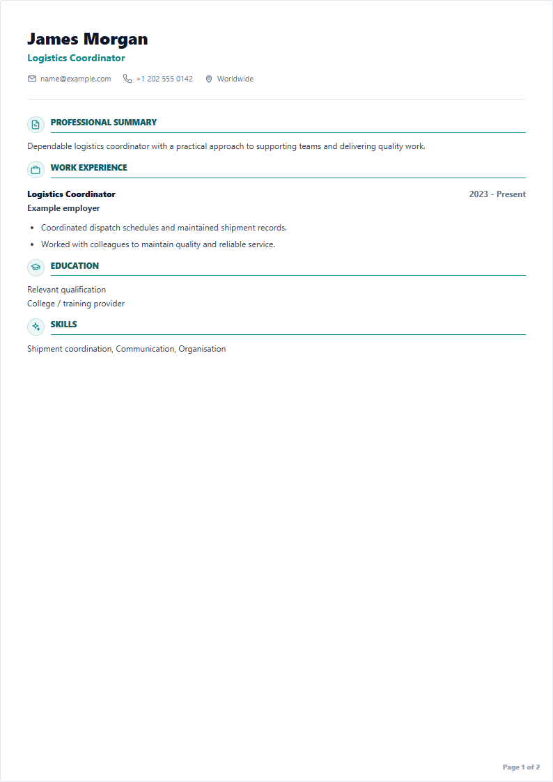 Logistics Coordinator sample CV using Compact layout