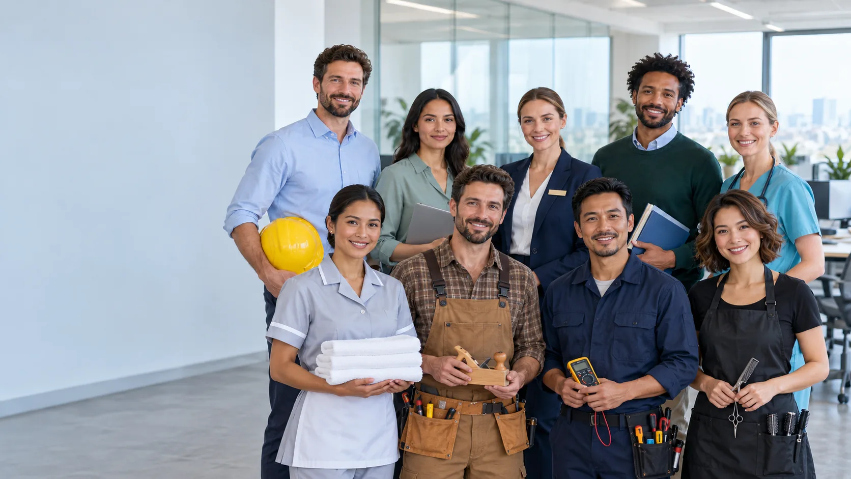 AI-generated group representing engineering, accounting, reception, teaching, nursing, domestic work, carpentry, technical maintenance and hairstyling